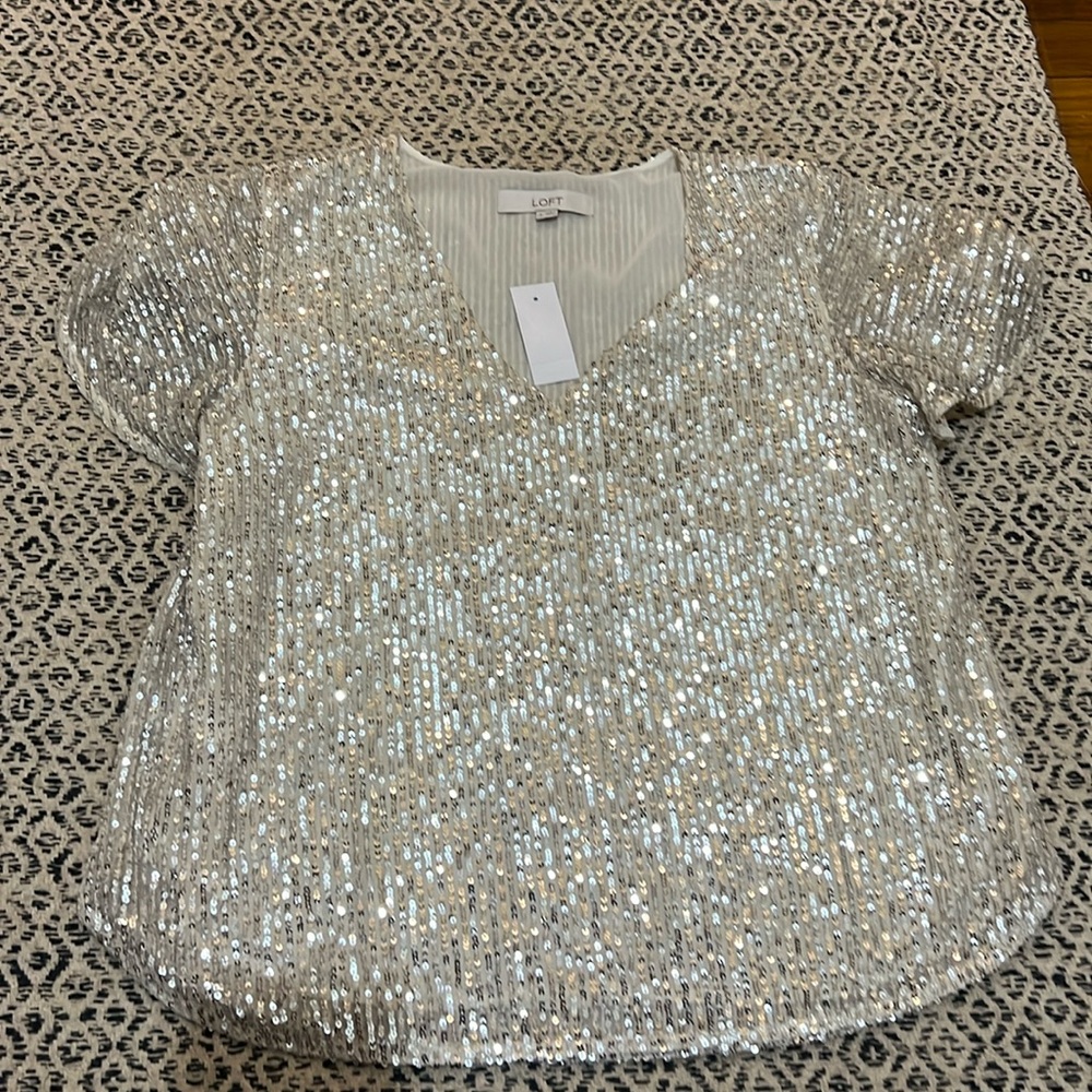 NWT LOFT Sequin Flutter Sleeve Top - S